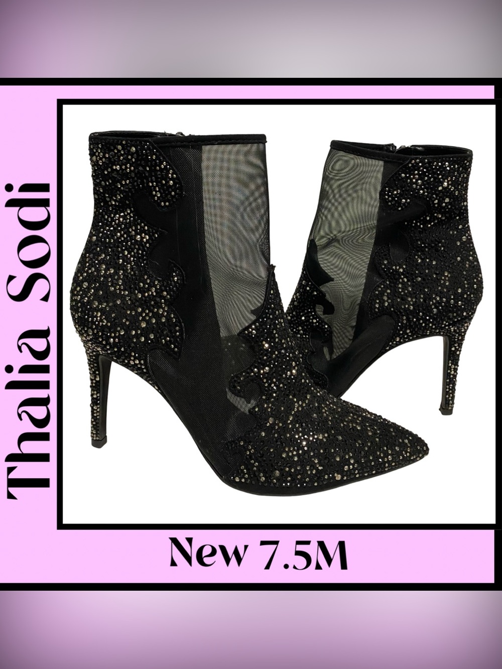 THALIA SODI Black Mesh Crystal Rhinestone Bootie Sparkly 7.5M NEW